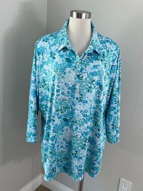 Croft & Barrow Womens Plus 2X Floral Button Front Tunic Top Blue White Stretch